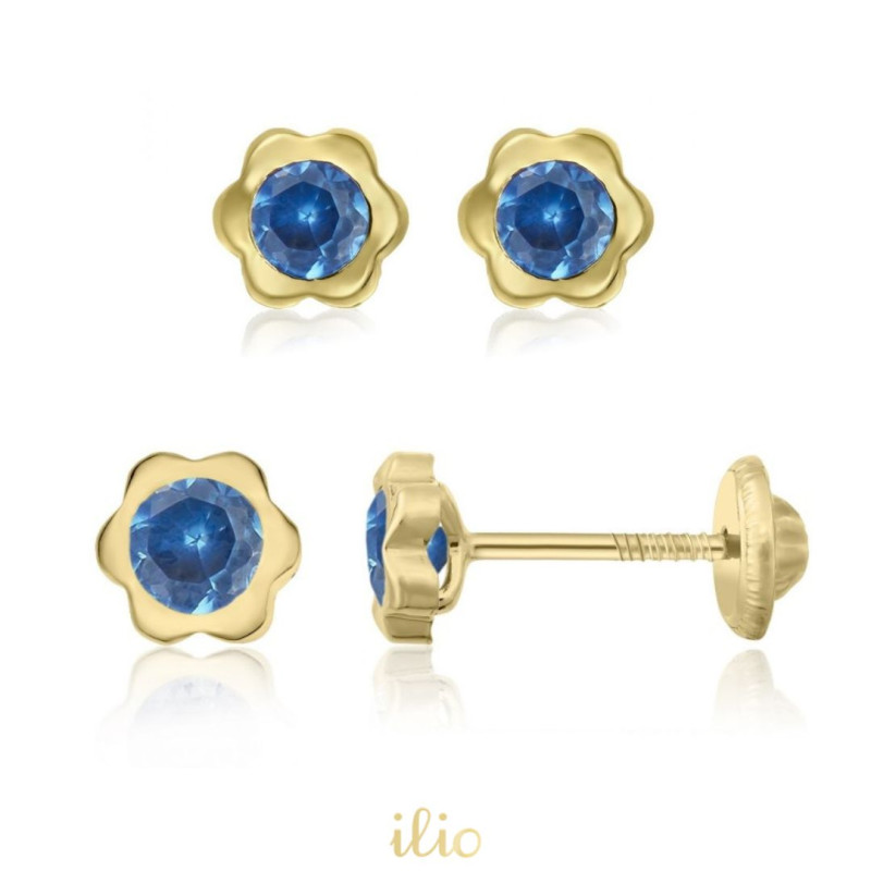Set cercei aur galben 14K - Flori piatra albastra, mici si mari