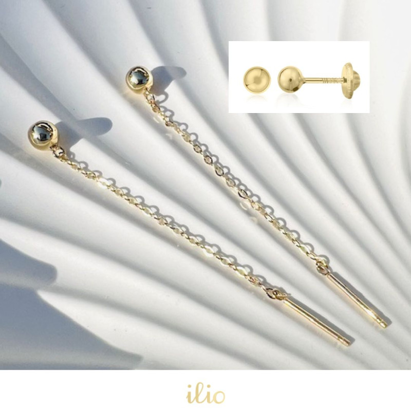 Set cercei aur galben - Bilute 4 mm + Bilute 4 mm cu lantisor