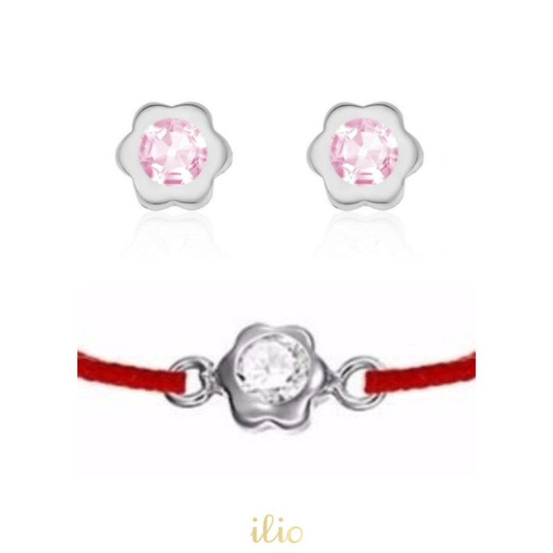 Set cercei + bratara snur - Floricele cu piatra roz si incolora aur alb 14K