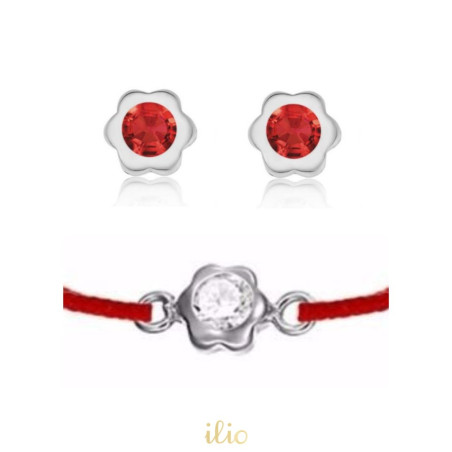 Set cercei + bratara snur - Floricele cu piatra rosie si incolora aur alb 14K