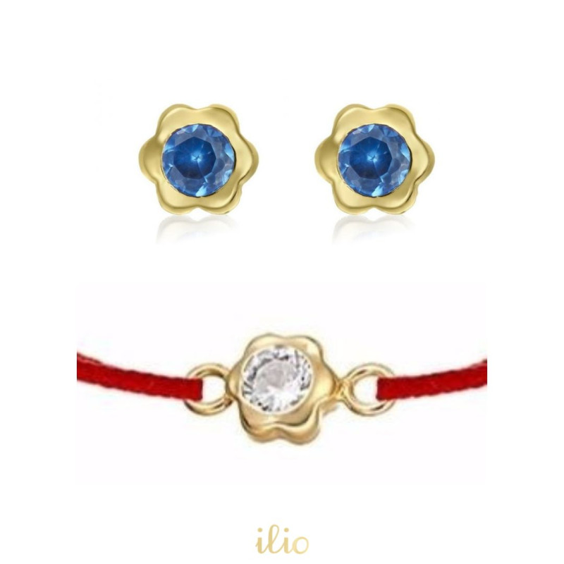 Set cercei + bratara snur - Floricele cu piatra albastra si incolora aur galben 14K