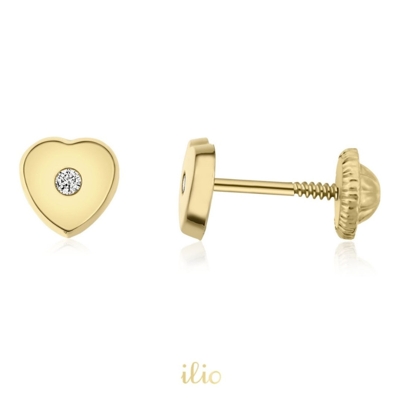 Cercei aur galben 14K Inimi diamant, 6 mm