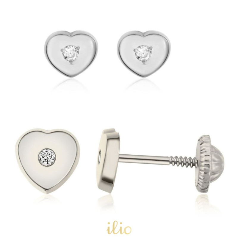 Set cercei aur alb 14K - Inimioare cu diamant, 4 si 6 mm