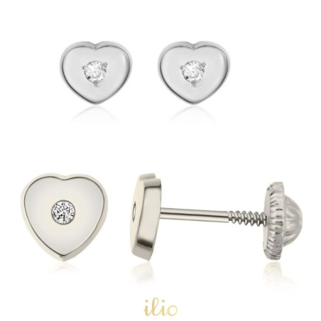 Set cercei aur alb 14K - Inimioare cu diamant, 4 si 6 mm