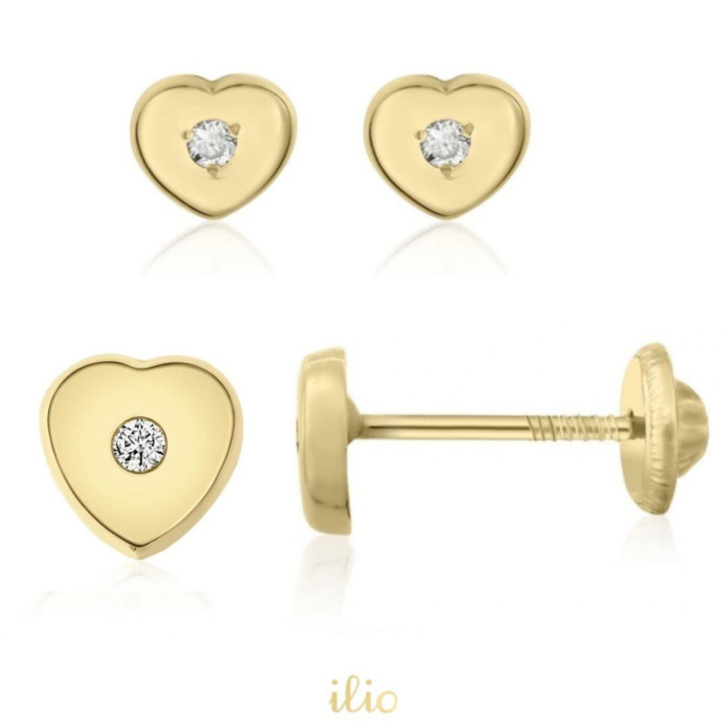 Set cercei aur galben 14K - Inimioare cu diamant, 4 si 6 mm
