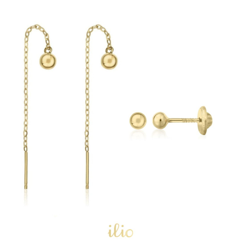Set cercei aur galben - Bilute 4 mm + Bilute 4 mm cu lantisor