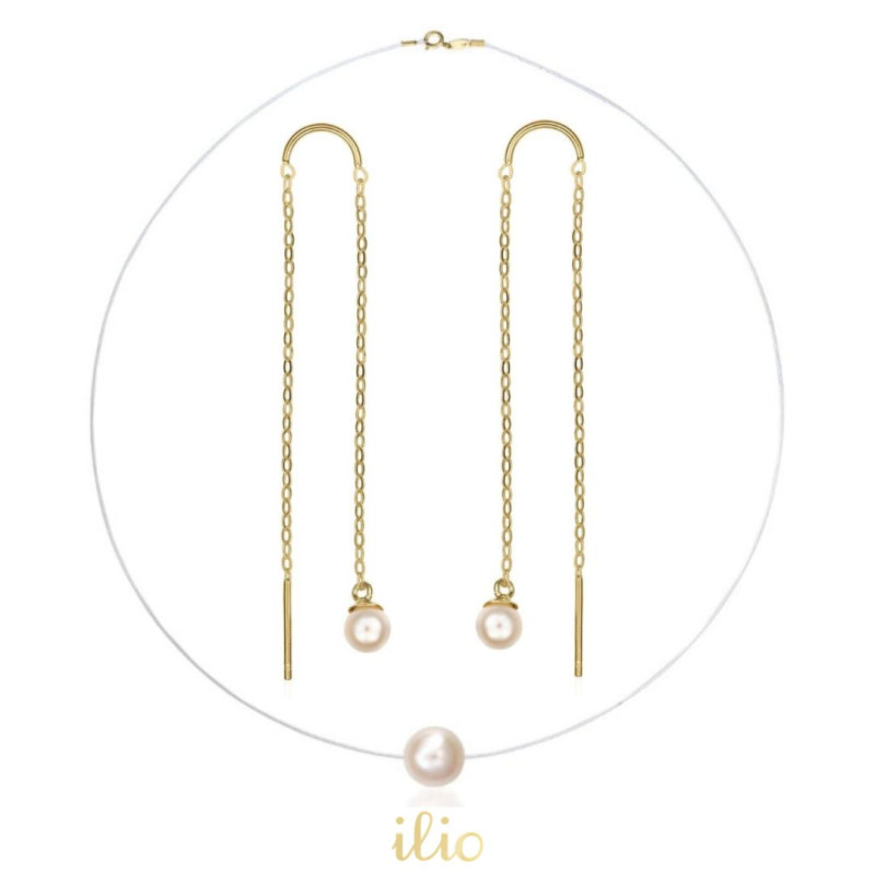 Set cercei + colier fir transparent aur galben 9k - Perlute 4 mm cu lantisor si perla 6 mm colier