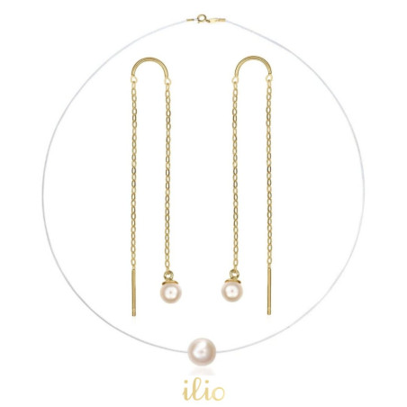 Set cercei + colier fir transparent aur galben 9k - Perlute 4 mm cu lantisor si perla 6 mm colier