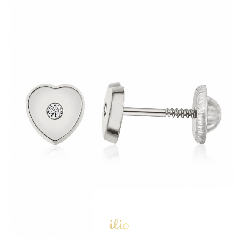 Cercei aur alb 14K Inimi diamant, 6 mm