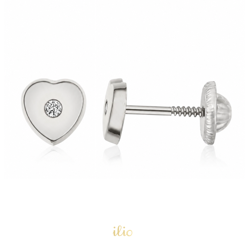 Cercei aur alb 14K Inimi diamant, 6 mm
