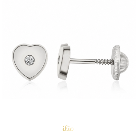 Cercei aur alb 14K Inimi diamant, 6 mm