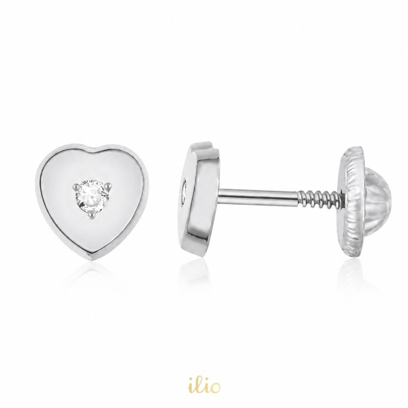 Cercei aur alb 14K Inimi diamant, 6 mm