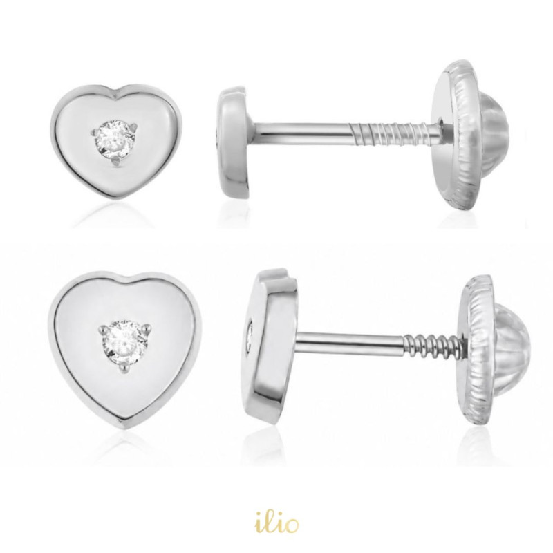 Set cercei aur alb 14K - Inimioare cu diamant, 4 si 6 mm