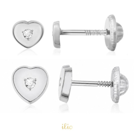 Set cercei aur alb 14K - Inimioare cu diamant, 4 si 6 mm